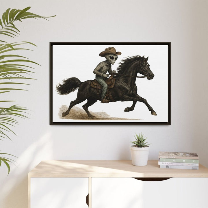 Alien Cowboy Riding Horse – Funny Western Wall Art - Roche Sauvage
