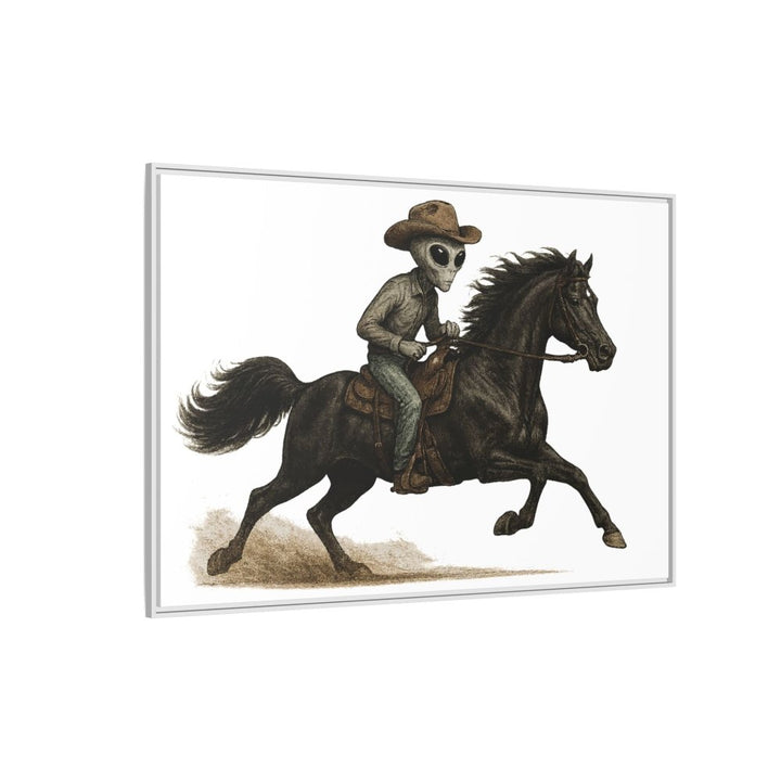 Alien Cowboy Riding Horse – Funny Western Wall Art - Roche Sauvage