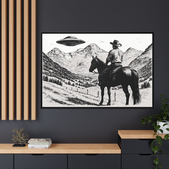 Cowboy UFO Encounter | Monochrome Canvas Art by Roche Sauvage - Roche Sauvage