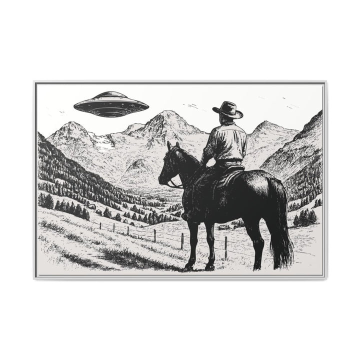 Cowboy UFO Encounter | Monochrome Canvas Art by Roche Sauvage - Roche Sauvage