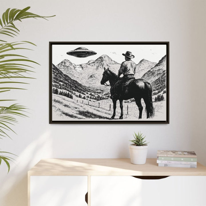 Cowboy UFO Encounter | Monochrome Canvas Art by Roche Sauvage - Roche Sauvage