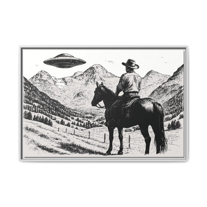 Cowboy UFO Encounter | Monochrome Canvas Art by Roche Sauvage - Roche Sauvage
