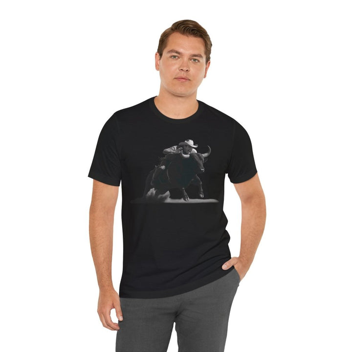 Dust and Motion – Unisex T-Shirt with Bull Rider Silhouette Print - Roche Sauvage