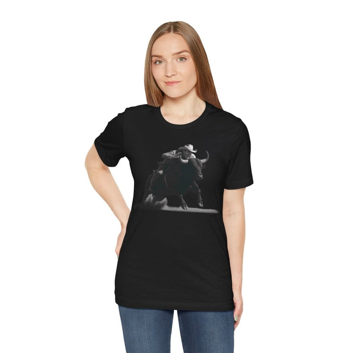 Dust and Motion – Unisex T-Shirt with Bull Rider Silhouette Print - Roche Sauvage